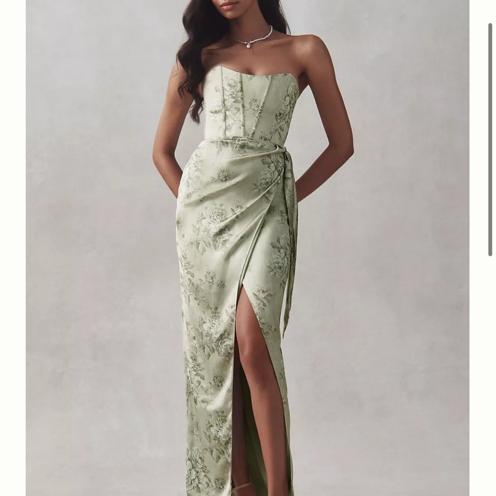 V. Chapman Strapless Sage Green Floral Satin Gown